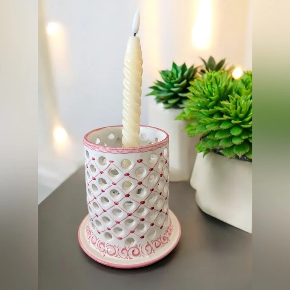 Hand-Painted Portuguese‎ Pottery Candle Holder - Pierced Design